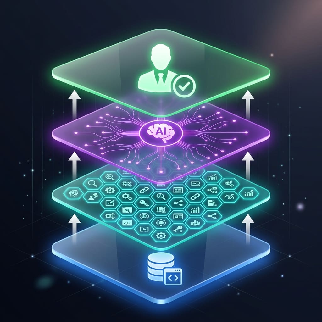 Kiến trúc 4 lớp Agentic SEO: Data Layer, Skills Layer, Agent Brain, Human Oversight