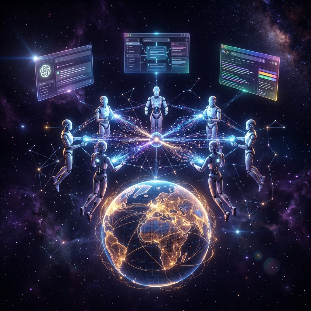 Tương lai Agentic SEO 2028 — hệ sinh thái AI agents tự hành giao tiếp trong autonomous commerce network